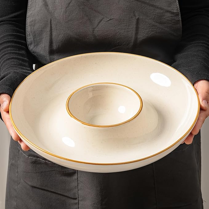 LEHAHA Porcelain Chip and Dip tray, Set of 2,12 inch Ceramic Serving Tray, Divided Serving dip Platter, Porcelain dip bowl, salsa bowl, Microwave and Dishwasher Safe, Dark Cream