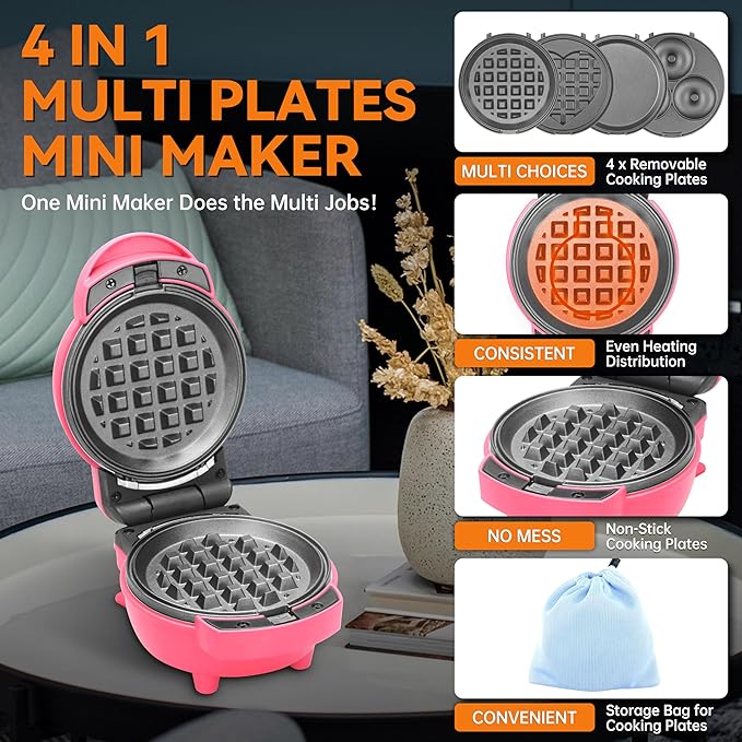 Baker's Friend 4 in 1 Mini Waffle Maker with Removable Plates, Set Includes Mini Pancake, Donut, Heart Shape Waffle Makers, Compact Size, Recipe Included, Red