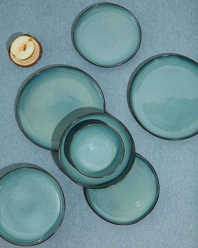 18 Piece Dinnerware Sets for 6, Green Black Reactive Glaze Stoneware | Irregular Artisan Style for Family Dinners, Weekend Gatherings | Scratch‑Resistant, Microwave & Dishwasher Safe