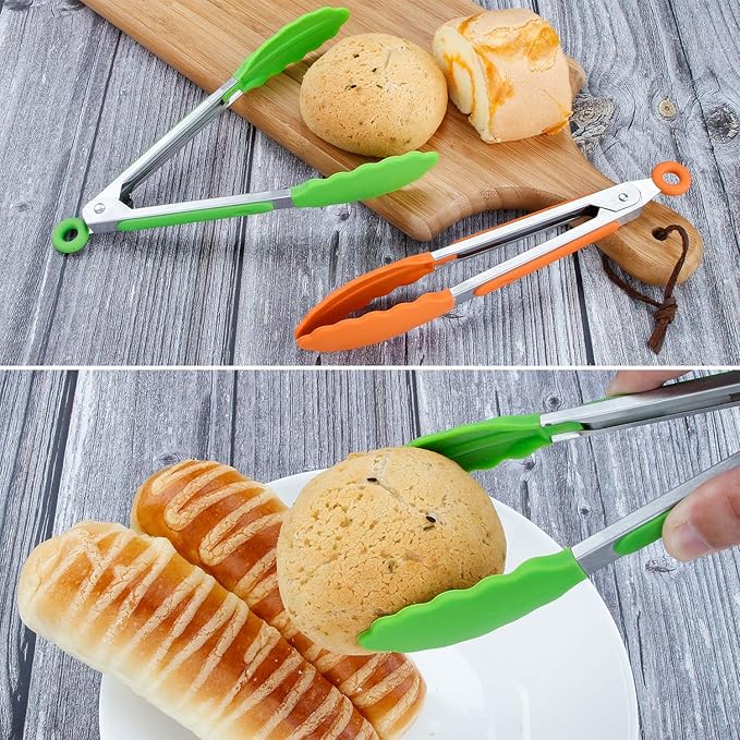 7 inch Cooking Tongs, MSY BIGSUNNY Set of 3 Mini Kitchen Tongs Silicone Serving Tongs With Silicone Tips for FoodGrill, Salad, BBQ (Red Green Orange)