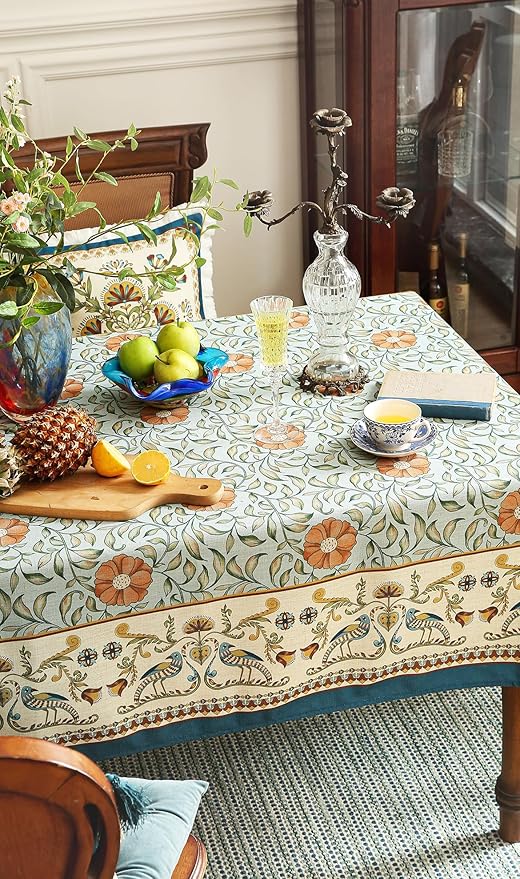 patdrea Designer French Linen Blue Tablecloth for Rectangle Table,Vintage Floral Table Cloth,Colorful Decoration Fall Cover Kitchen Dining for Thanksgiving,Tea Party,Christmas,55"x71"-Wensel
