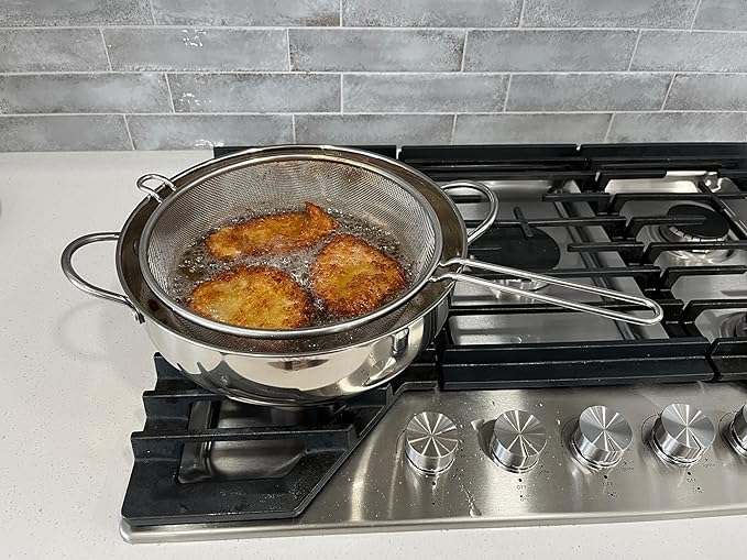 Saltlas 4.4Qt/4.2L Deep Fryer Pot with Basket and Strainer Spoon, 304 Stainless Steel Fish Frying Pot for Seafood, Chicken, French Fries, Japanese Tempura