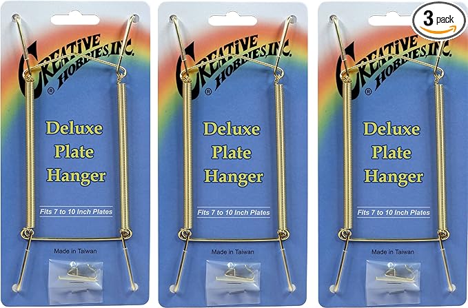 Creative Hobbies® Deluxe Plate Display Hangers, Spring Style - Assembled & Ready to Use - Holds 7 to 10 Inch Plates, Gold Wire Spring Type, Hanger Hooks & Nails Included - Pack of 3