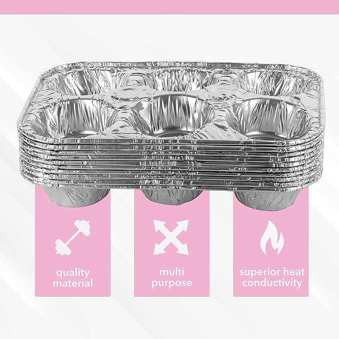 PLASTICPRO Aluminum Foil Muffin Pans Reusable and Disposable, Holds 6 Cupcakes/Muffin & Pie foil Pan Pack of 20