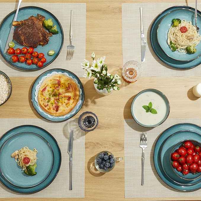 32 Piece Dinnerware Set for 8 with Pasta Bowls, Green Black Reactive Glaze Stoneware | All‑in‑One Host Set for Entertaining, Holiday Meals, Multi‑Course Dinners | Unique Irregular Coastal Look