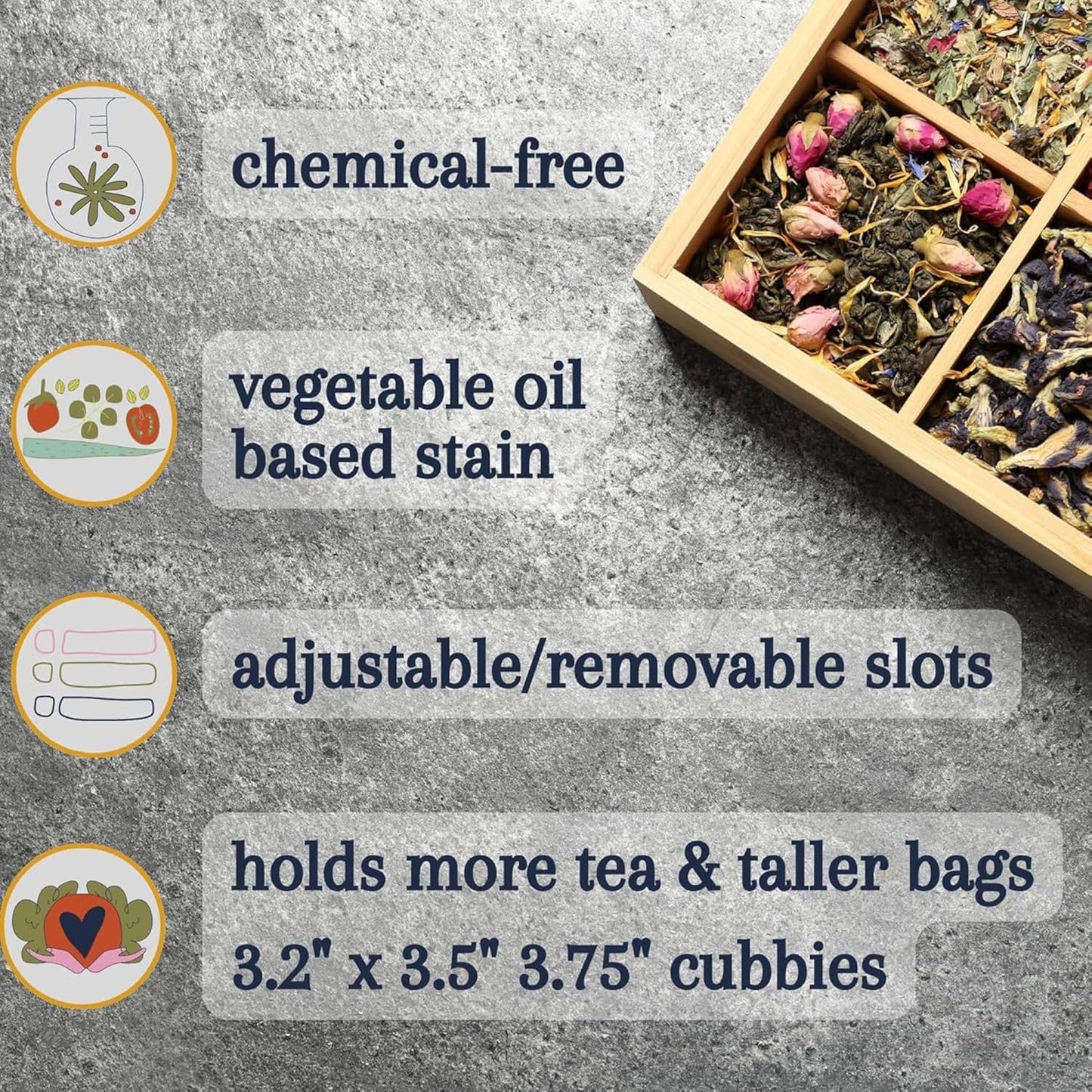 Bamboo Tea Organizer Box Chemical Free Big, Tall, Adjustable Cubbies Natural Wooden Storage Chest (4-Slot Square 7.4" x 8.1" x 4.2" Blank)