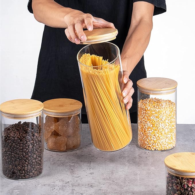 YUNCANG Glass Storage Jars [Set of 5],Clear Glass Food Storage Containers with Airtight Bamboo Lid Stackable Kitchen Canisters for Candy,Cookie,Rice,Sugar,Flour,Pasta,Nuts and Spice Jars(Square)