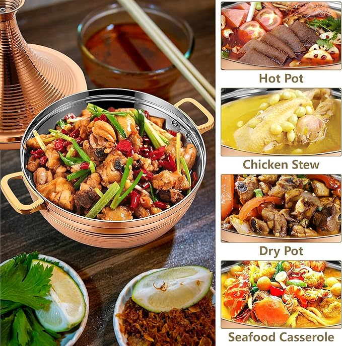 Moroccan Tagine Cooking Pot: 304 Stainless Steel Tagine Pot with 2 Handles,Large Slow Cooker Casserole with Cone-Shaped Lid, Non Stick Moroccan Pots for Cooking,29cm (Gold)