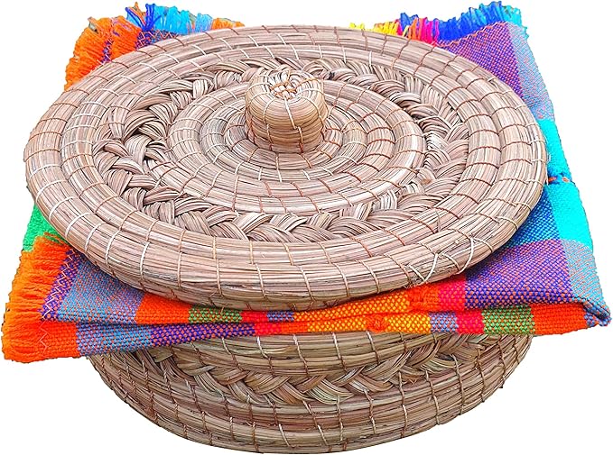 Authentic Mexican Tortilla Warmer Basket - Pine Needle Handwoven with Handloomed Cloth (Natural 7" w cloth)