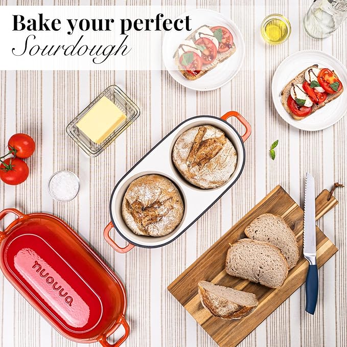 Dutch Oven For Sourdough Bread Baking – Enamelled Cast Iron Bread Loaf Pot – 500°F Oven Safe Non Stick Bread Pot – Double Round Loaf Space, 16.5cm Diameter, Orange, – by Nuovva