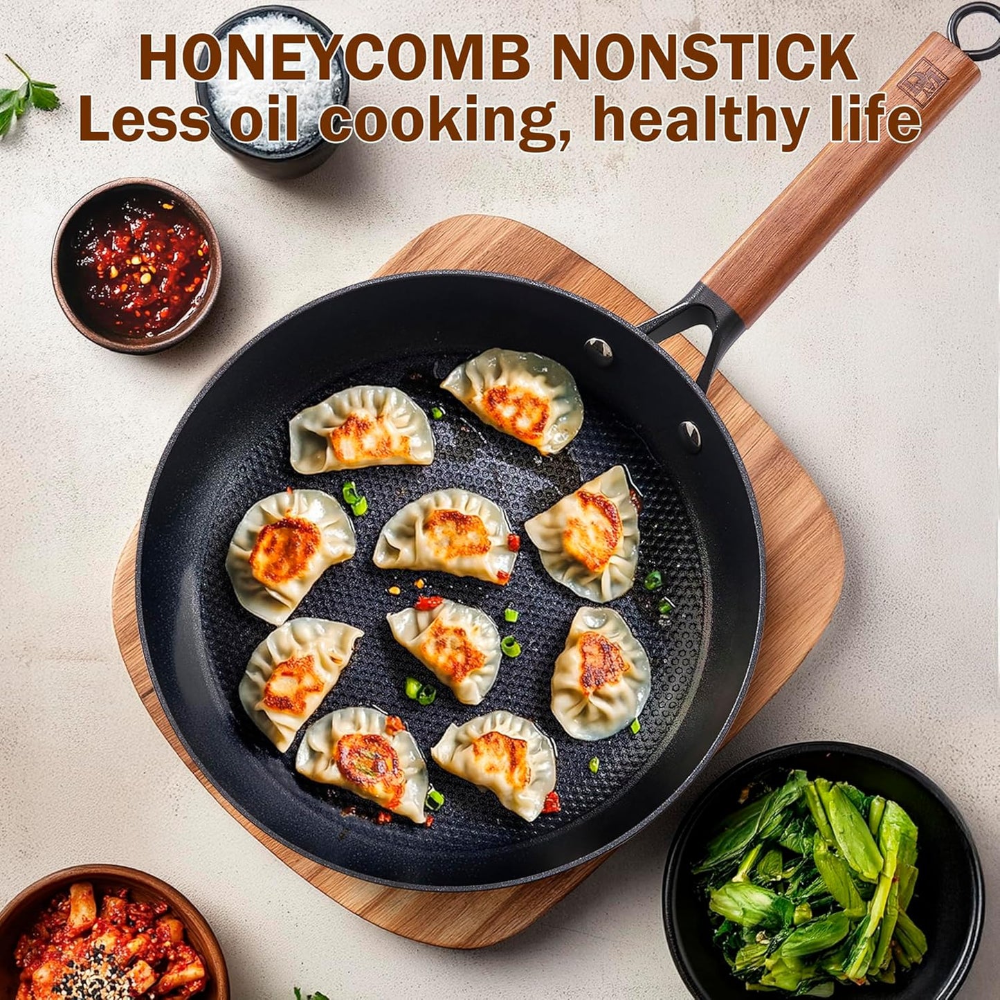 DM Cast Iron Skillet, 12 Inch Nonstick Frying Pan with Detachable Acacia Wooden Handle, Honeycomb Non stick Omelet Egg Pan, Easy Clean Oven Safe Pans for Cooking