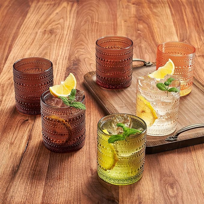Hobnail Beaded Highball Drinking Tumbler Glasses | Set of 6 | Venus Sand Colors, Vintage Bubble Design Glassware, Old-Fashioned, Embossed Design for Water, Wine, Cocktail Embossed Heavy, Rocks Glass