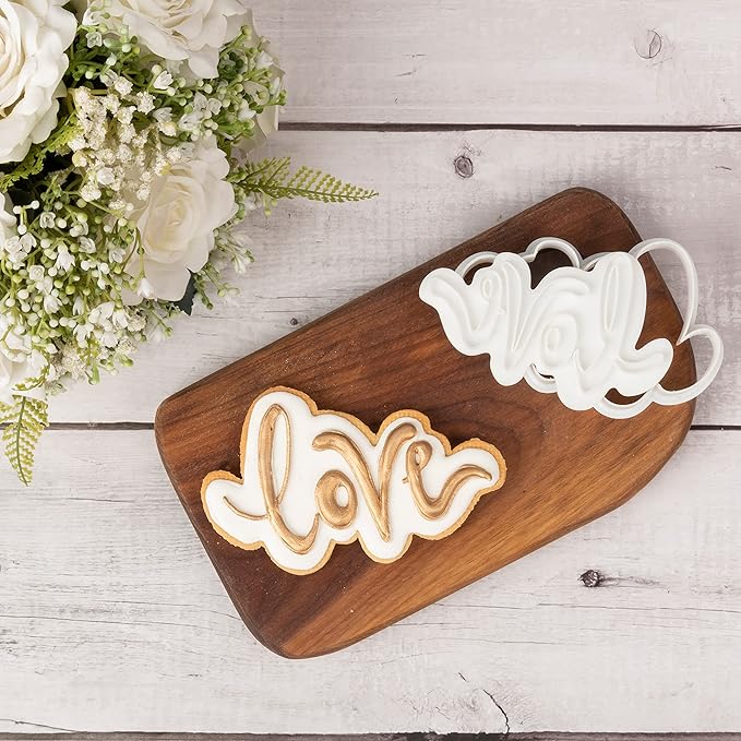 Flycalf Love Cookie Cutter with Plunger Stamps Baking Dough Tools Wedding Cake Shapes PLA Cutter Molds for Birdesmaid Party 4" Kitchen Supplies