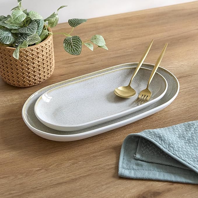 SANGO Anderson Serving Platters Set of 2, 14/12 Inch Stoneware Serving Dishes for Entertaining, Glossy Party Serving Trays for Food, Buffet Oval Platters for Bread, Appetizer, Cheese, Reactive Cream