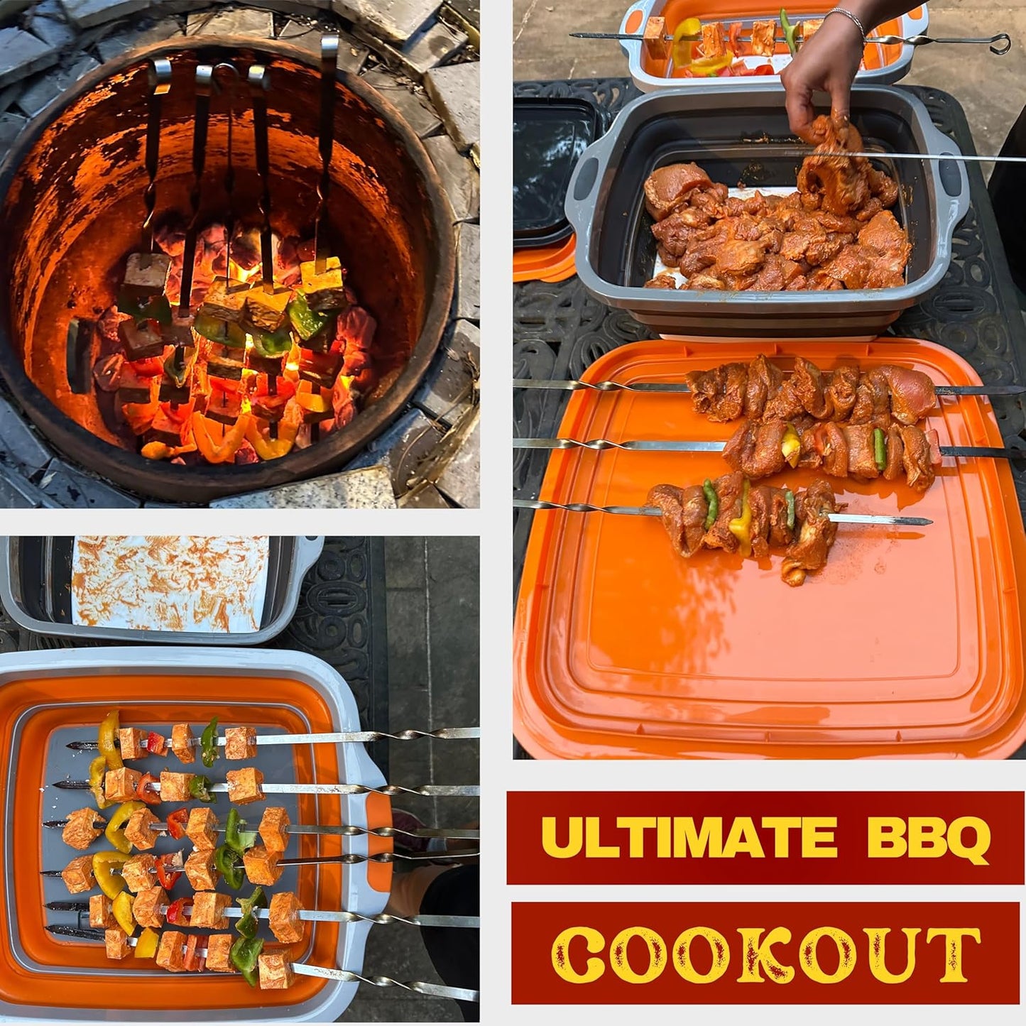 Collapsible X-Large (16L) BBQ Marinating Tub w/Cutting Board | Multipurpose Food-Grade TPE Prep Tub w/Lid | Built-In Colander & Drain Plug - For Camping | Tailgate | Picnic - Slate Black