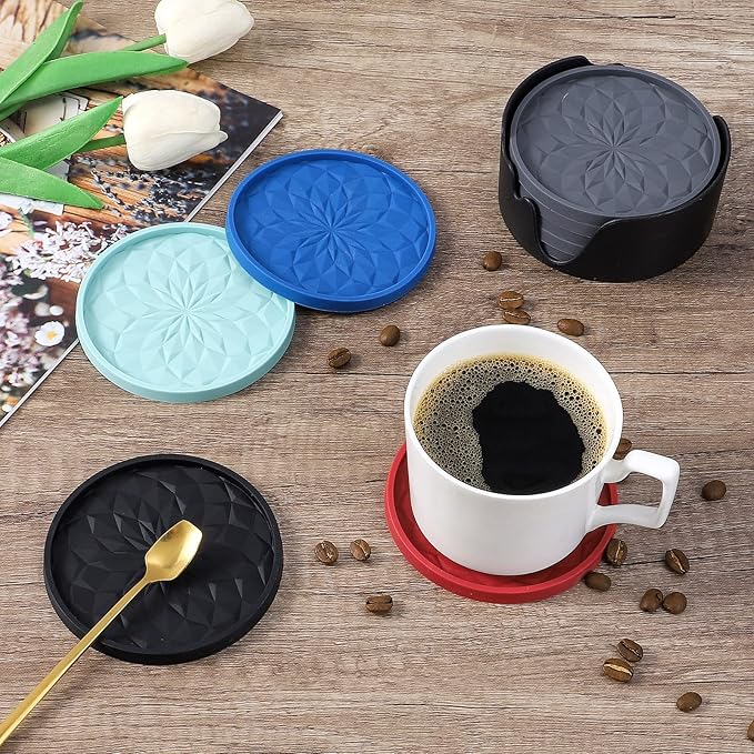 ME.FAN Silicone Coasters with Holder,[6 Pack] Drinking Coasters - Cup Mat for Hot or Cold Drinks, Thickened, Non-Slip, Non-stick,Deep Tray Coffee