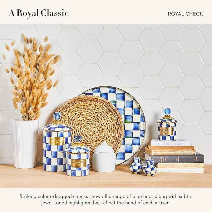 MACKENZIE-CHILDS Enamel Salt and Pepper Shakers, Kitchen Table Spice Shaker Set, Blue-and-White Royal Check, Small