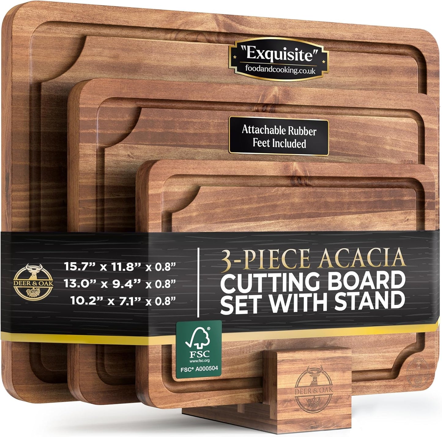 Pre-Oiled, Non Toxic 3-Piece Acacia Cutting Board Set with Stand, FSC Certified Wooden Chopping Boards with Juice Grooves for Meat. 3 Size Wood Carving Boards for Home & BBQ Kitchens by Deer & Oak