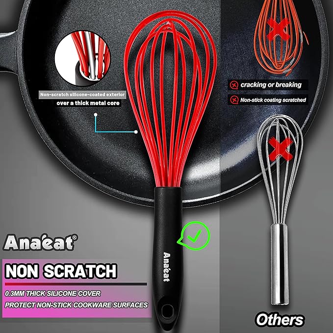 Anaeat Silicone Whisk, Thick Stainless Steel Wire Inner - Heat Resistant Kitchen Whisks for Non-Stick Cookware, Balloon Egg Beater for Whisking, Blending, Beating, Frothing & Stirring (Red)