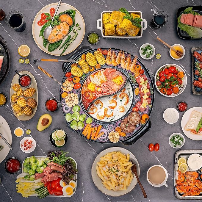 Food Party Hot Pot Electric Korean BBQ Grill 2 in 1 Hotpot Smokeless Indoor Grill Removable Cooking Plate Easy Cleaning 110V 1800W Shabu Shabu Pot with Divider