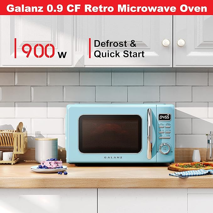 Galanz GLCMKZ09BER09 Retro Countertop Microwave Oven with Auto Cook & Reheat, Defrost, Quick Start Functions, Easy Clean with Glass Turntable, Pull Handle, 0.9 cu ft, Blue