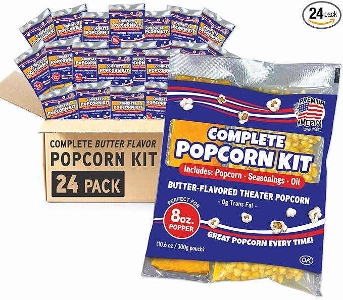 Premium America Popcorn Kit, 24 Packs for a 8oz Popper, Movie Theater & Popcorn Machine Kernels, Oil & Seasoning Packet, Bulk All in One