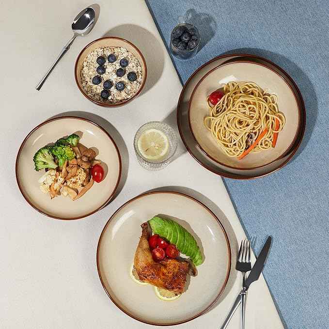 32 Piece Double Bowl Dinnerware Sets with Pasta Bowls, Highly Chip and Crack Resistant Plates and Bowls Sets, Natural Earthyware Ceramic Dishware Sets, Service for 8 Brown Yellow