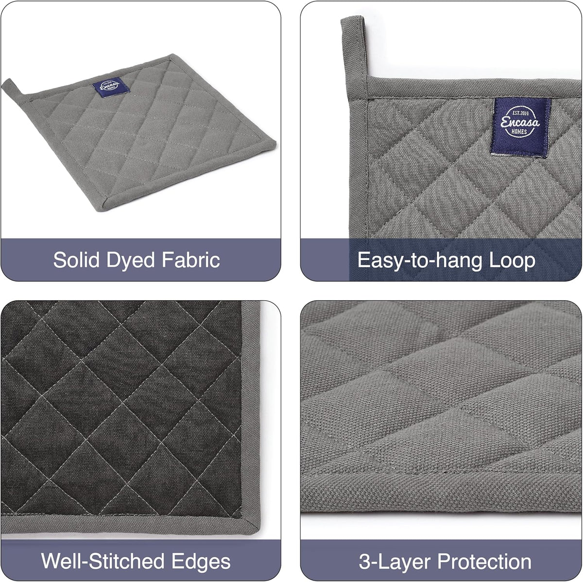 Encasa XO Heat Resistant Cotton Pot Holders with Hanging Loop - Set of 2 - Grey - Multipurpose Quilted Everyday Hot Pad for Kitchen, Camping, BBQ & Microwave - 8x8 in