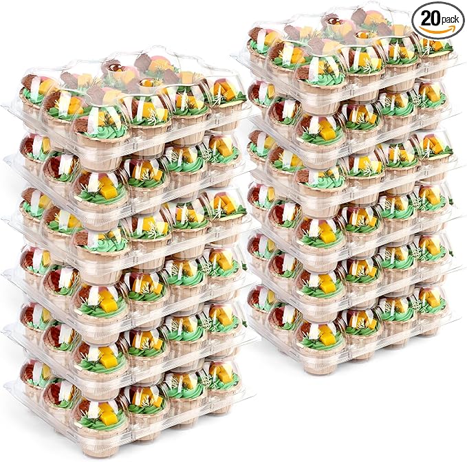 LotFancy (12 Count x 20 Sets) Cupcake Containers, Plastic Cupcake Boxes Holderd with 240 Liners, BPA Free, Disposable Cupcake Carrier Holder with Detachable Tall Dome Lid