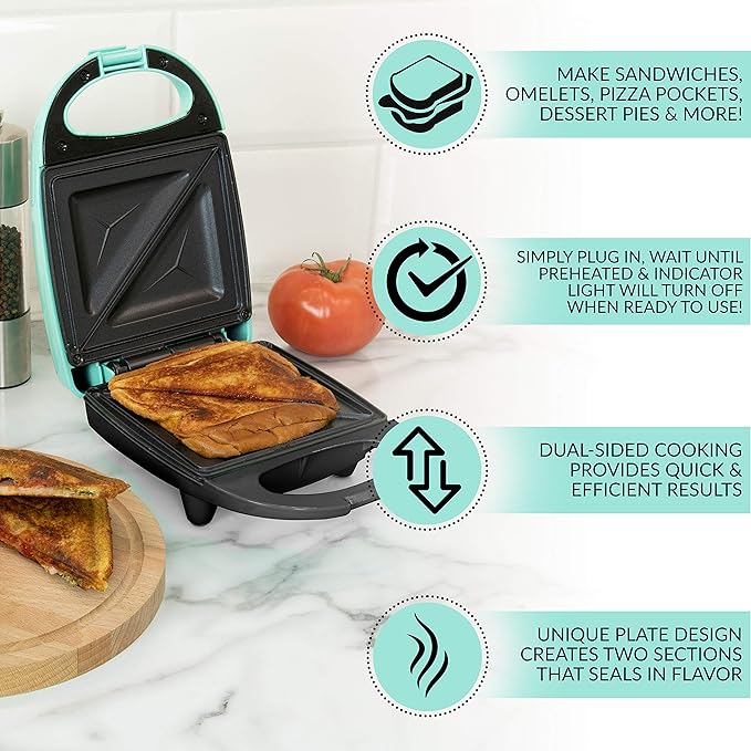 Nostalgia MyMini Personal Sandwich Maker, Nonstick Panini Press, Pizza Pockets, Quesadillas, Mint Green