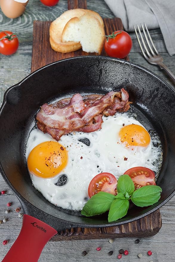 Crucible Cookware Cast Iron Skillets, Set Of 4 (Pre-seasoned) 10 Inch - 5.1 Inch, Including Large & Small Silicone Hot Handle Holders | Indoor & Outdoor Use