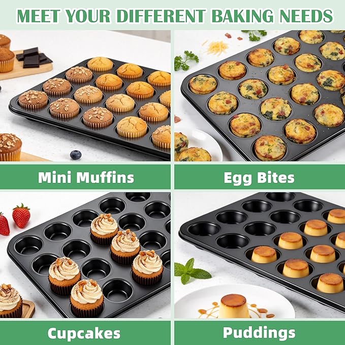 P&P CHEF 24-Cup Mini Muffin Pan Tin, Nonstick Carbon Steel Cupcake Pans, Versatile Bakeware Ideal for Mini Muffin Cupcake Egg Tart Pudding, Oven Safe & Even Bake, Healthy & Easy Clean, Black, 1Pc
