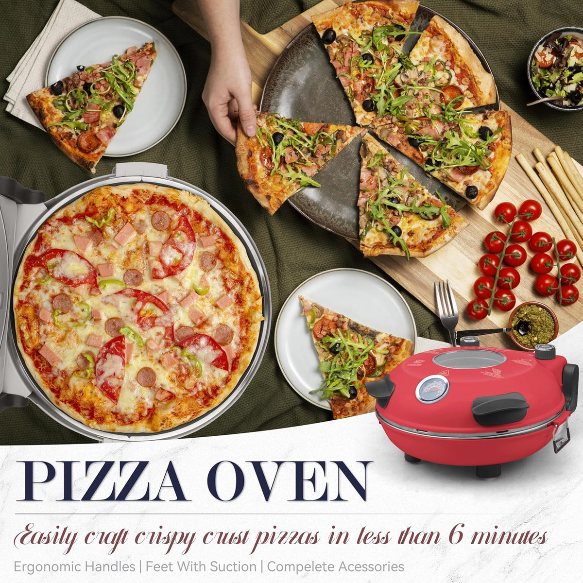 Baker’s Friend Electric Pizza Oven Indoor Countertop, 12 Inch Pizza Maker Machine for Home, Pizza Cooker & Pizza Grill, Premium Glazed Ceramic Stone Pizza Oven, Chilli Red