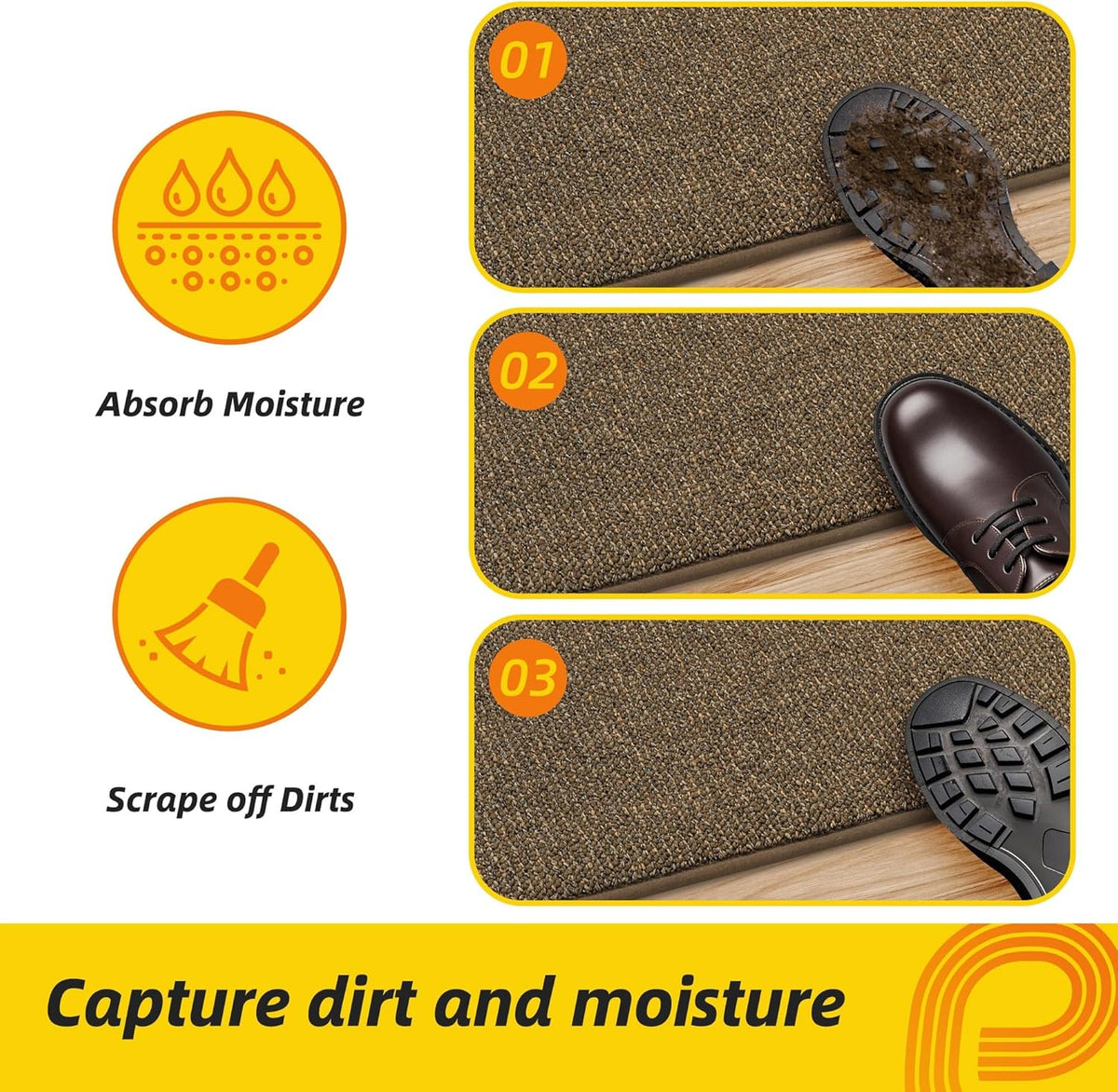 JSEI Dirt Trapper Door Mat 20"x32" Non-Slip Washable Entrance Mat, Dog Doormats, Absorbent & Fade-Resistant Floor Mats, Low Profile Welcome Mats for Entryway, Front Door, and Inside Entrance, Brown