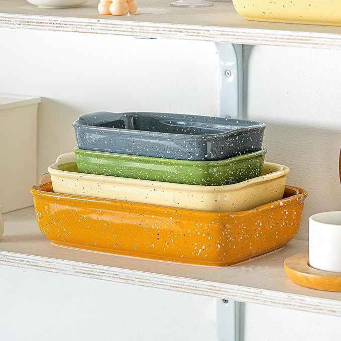 Ceramic Baking Dishes for Oven,Heavy Duty Bakeware Dish Set of 3, Rectangular Casserole,Lasagna Pan Deep,High Heat Resistant,Glazed Handcraft Speckle Series (13.8''/12''/9.6''Green)