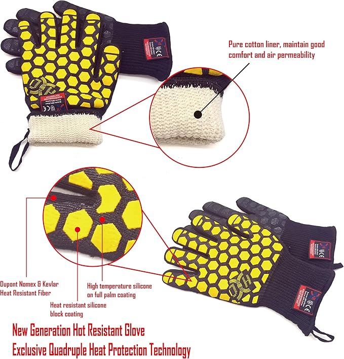 J H Heat Resistant Oven Glove:EN407 Certified 932 °F, 2 Layers Silicone Coating, Oven Mitts for Cooking, Kitchen, Fireplace,Camping, Grilling (Black/Yellow, Extra Long Cuff)