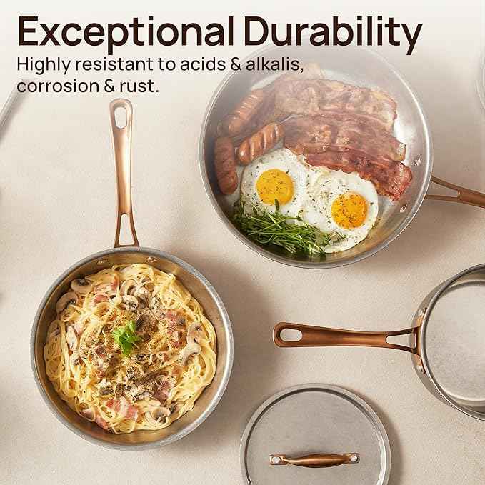 KOKHUB Pots and Pans Set 8 Pcs, Vintage Stainless Steel Cookware Set Non-Toxic, PFOA/PFOS/PTFE Free, Kitchen Cooking Set with Frying Pans, Saucepans, Oven & Dishwasher Safe, Induction Compatible
