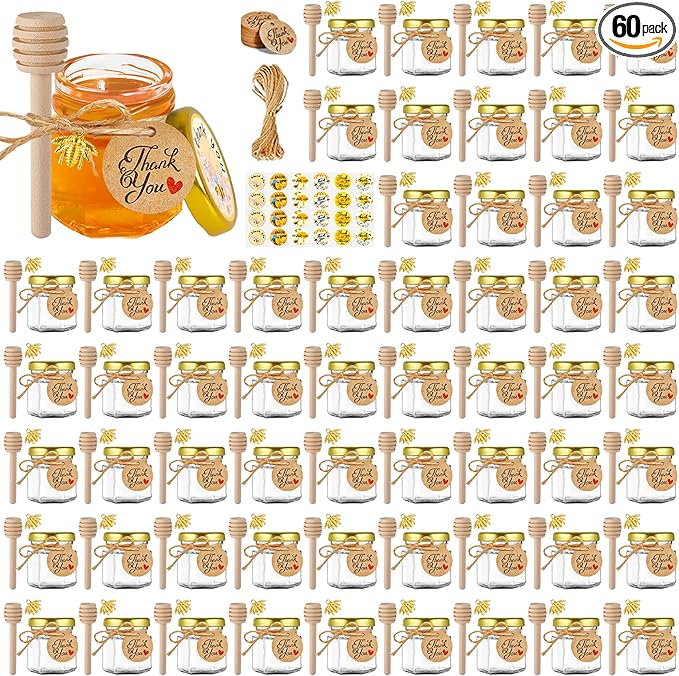 GIVAMEIHF Mini Glass Honey jars-1.5 oz,60pcs Hexagon Honey Jars with Wood Dipper,Stickers,Bee Pendants,Tags,Rope,Small Honey Jars with Lids,Perfect for Wedding Favors,Jams,Baby Shower,Party Favors