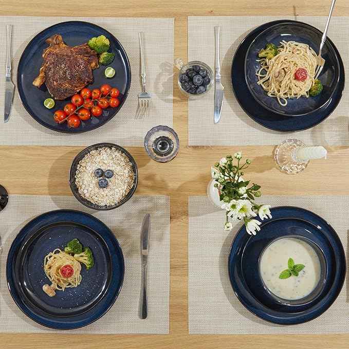 Ceramic Dinnerware Sets, Microwave Safe Plates and Bowls Sets, Kitchen Dishes Set for 4, Unbreakable & Dishwasher Safe Tableware, Everyday Use, Starry Blue