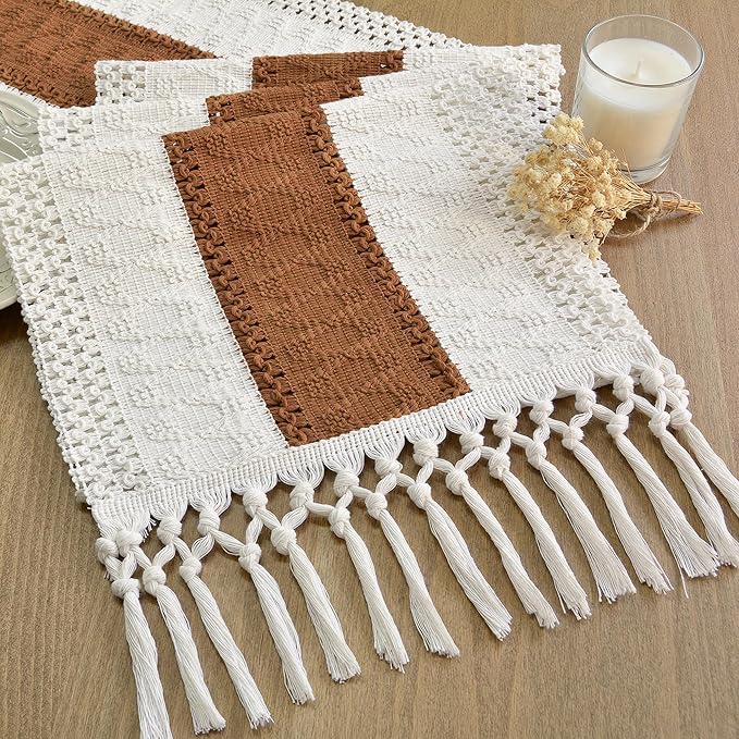 FEXIA Boho Table Runner with Tassels 12x72 Inches for Home Decor Farmhouse Rustic Macrame Hollow-Out Table Decoration for Living Room and Dining Room, Reddish Brown