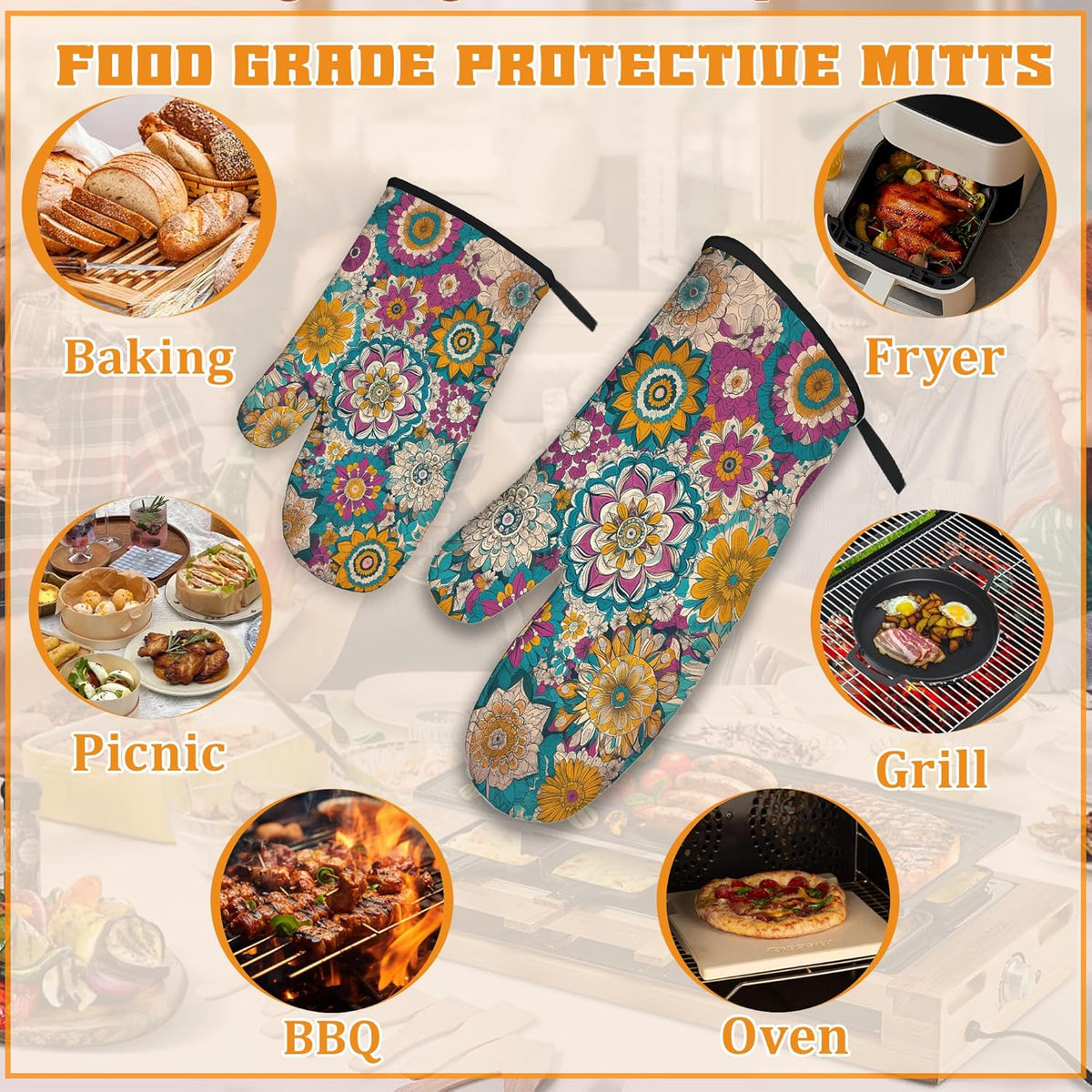 Vintage Mandala Oven Mitts and Pot Holders,Floral Flower Heat Resistant Oven Mitts Gloves and Pot Holder for Home Kitchen Decorations Cooking Baking BBQ Gifts,Set of 4