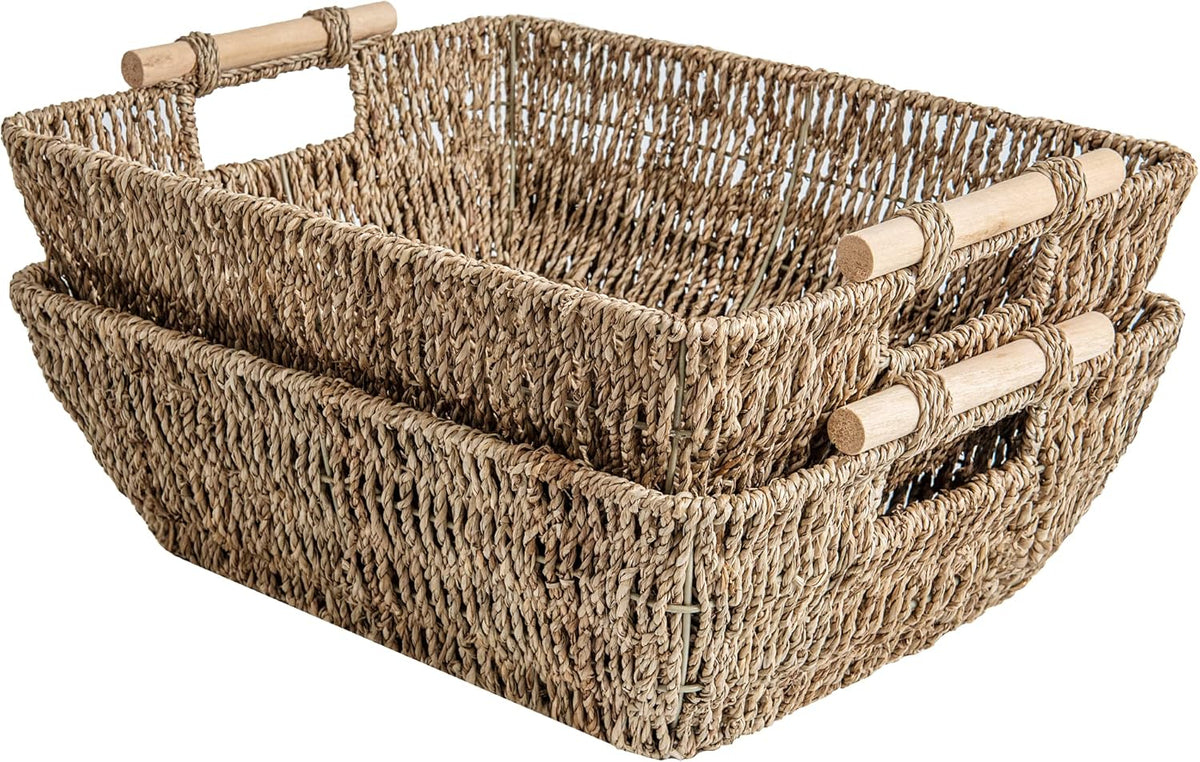 StorageWorks Hand-Woven Jumbo Storage Baskets with Wooden Handles, Seagrass Wicker Baskets for Organizing, 2-Pack