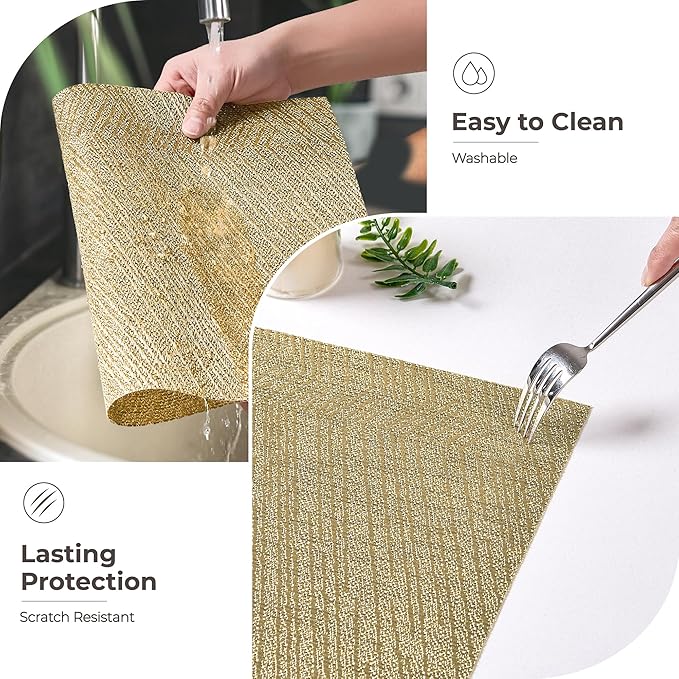 Leetaltree Gold Placemats Set of 12 - Heat Resistant Non-Slip Place mats for Dining Table, Washable Durable PVC Vinyl Woven Table Mats(Luxury Gold, 12)