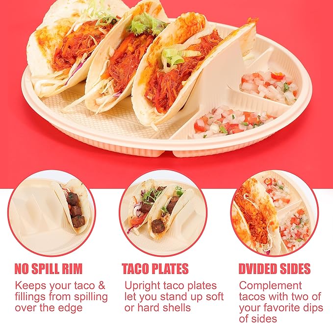 Large Disposable Taco Plates With Dipping Sides - 20 Pack, Biodegradable Cornstarch Taco Holder, Big Size Fit 6-8 Inch Soft & Hard Tortilla, Sturdy & Microwave Safe, Bar Serving Set For A Party
