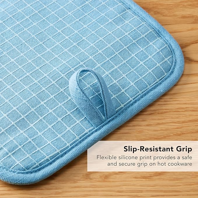 KITCHENAID Gourmet Series Gridlines Pot Holders 2-Pack Set, Heat Resistant up to 600°F, Soft Silicone Grip, Magnetic Cuff, Blue Velvet, 8"x8"