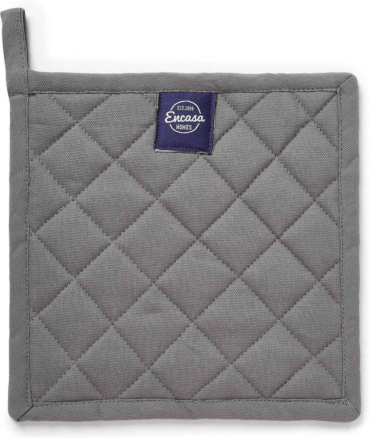 Encasa XO Heat Resistant Cotton Pot Holders with Hanging Loop - Set of 2 - Grey - Multipurpose Quilted Everyday Hot Pad for Kitchen, Camping, BBQ & Microwave - 8x8 in